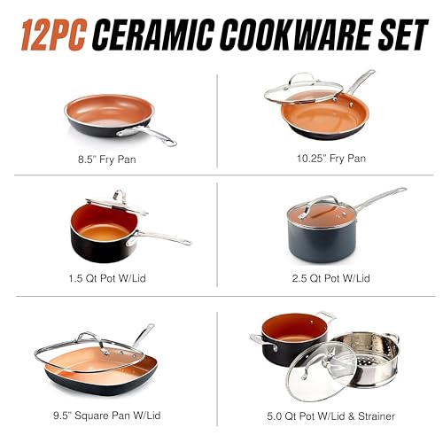 Gotham Steel 12 Pc Ceramic Cookware Set Nonstick, Ceramic Pots and Pans Set Non Stick with Steamer for Cooking, Non Toxic PFOA PFOS Free, Ergonomic Stay Cool Handles, Oven & Dishwasher Safe, Copper - My Kitchen Products
