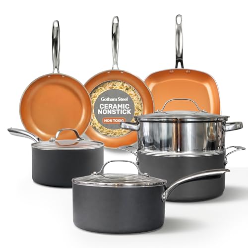 Gotham Steel 12 Pc Ceramic Cookware Set Nonstick, Ceramic Pots and Pans Set Non Stick with Steamer for Cooking, Non Toxic PFOA PFOS Free, Ergonomic Stay Cool Handles, Oven & Dishwasher Safe, Copper - My Kitchen Products