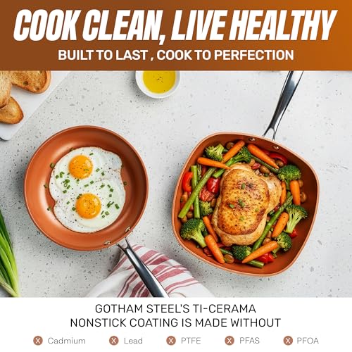 Gotham Steel 12 Pc Ceramic Cookware Set Nonstick, Ceramic Pots and Pans Set Non Stick with Steamer for Cooking, Non Toxic PFOA PFOS Free, Ergonomic Stay Cool Handles, Oven & Dishwasher Safe, Copper - My Kitchen Products