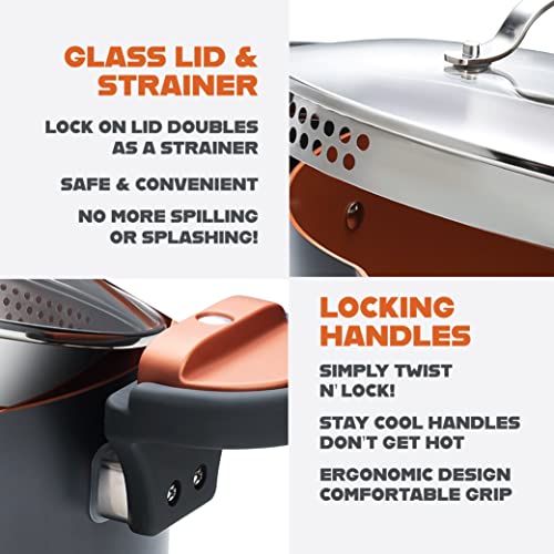Gotham Steel 5 Quart Stock Pot Multipurpose Pasta Pot with Strainer Lid & Twist and Lock Handles, Nonstick Ceramic Surface Makes for Effortless Cleanup with Tempered Glass Lid, Dishwasher Safe - My Kitchen Products