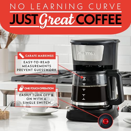 Gourmia 12 Cup One-Touch Coffee Maker – Pause and Serve with Automatic Keep Warm, Easy View Water Window, Compact Design, Stainless Steel Accents, Black - My Kitchen Products
