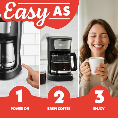 Gourmia 12 Cup One-Touch Coffee Maker – Pause and Serve with Automatic Keep Warm, Easy View Water Window, Compact Design, Stainless Steel Accents, Black - My Kitchen Products