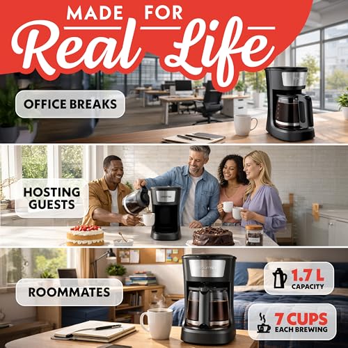 Gourmia 12 Cup One-Touch Coffee Maker – Pause and Serve with Automatic Keep Warm, Easy View Water Window, Compact Design, Stainless Steel Accents, Black - My Kitchen Products