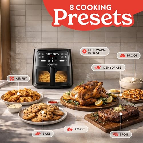 Gourmia 8 Qt Air Fryer, 8 Presets with Digital Display, FryForce 360° Technology, Easy View Window & Interior Light, Dishwasher Safe Basket, Black - My Kitchen Products