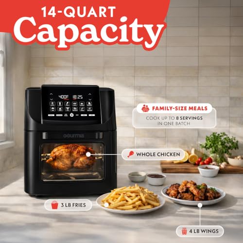 Gourmia Air Fryer - 14 Qt All-in-One Oven with Rotisserie, Digital Display with 12 Presets, Roast, Bake, Broil, Dehydrate, Dishwasher Safe Accessories, Black - My Kitchen Products
