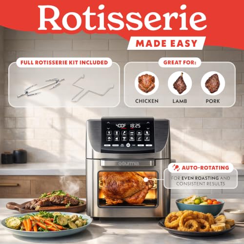 Gourmia Air Fryer - 14 Qt All-in-One Rotisserie Oven with Digital Display, 12 Presets, Roast, Bake, Broil, Dehydrate, Dishwasher Safe Accessories, Stainless Steel - My Kitchen Products