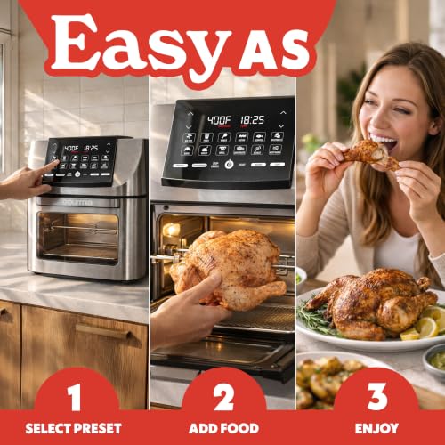 Gourmia Air Fryer - 14 Qt All-in-One Rotisserie Oven with Digital Display, 12 Presets, Roast, Bake, Broil, Dehydrate, Dishwasher Safe Accessories, Stainless Steel - My Kitchen Products