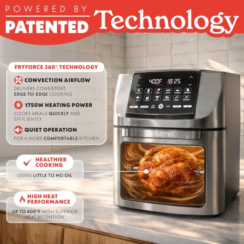 Gourmia Air Fryer - 14 Qt All-in-One Rotisserie Oven with Digital Display, 12 Presets, Roast, Bake, Broil, Dehydrate, Dishwasher Safe Accessories, Stainless Steel - My Kitchen Products