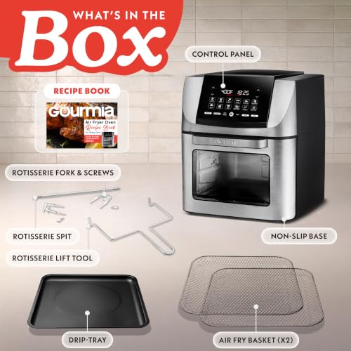 Gourmia Air Fryer - 14 Qt All-in-One Rotisserie Oven with Digital Display, 12 Presets, Roast, Bake, Broil, Dehydrate, Dishwasher Safe Accessories, Stainless Steel - My Kitchen Products