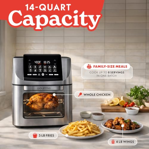 Gourmia Air Fryer - 14 Qt All-in-One Rotisserie Oven with Digital Display, 12 Presets, Roast, Bake, Broil, Dehydrate, Dishwasher Safe Accessories, Stainless Steel - My Kitchen Products