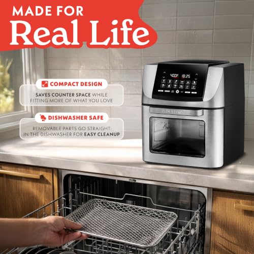 Gourmia Air Fryer - 14 Qt All-in-One Rotisserie Oven with Digital Display, 12 Presets, Roast, Bake, Broil, Dehydrate, Dishwasher Safe Accessories, Stainless Steel - My Kitchen Products