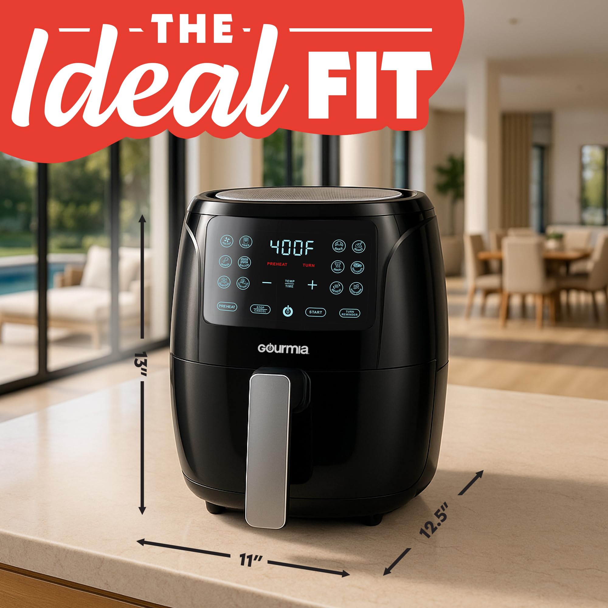 Gourmia Air Fryer - 4 Qt Capacity, FryForce360º, Digital Display with 8 Presets, Roast, Bake, Broil, Dehydrate, Dishwasher Safe Accessories, Compact, Black - My Kitchen Products
