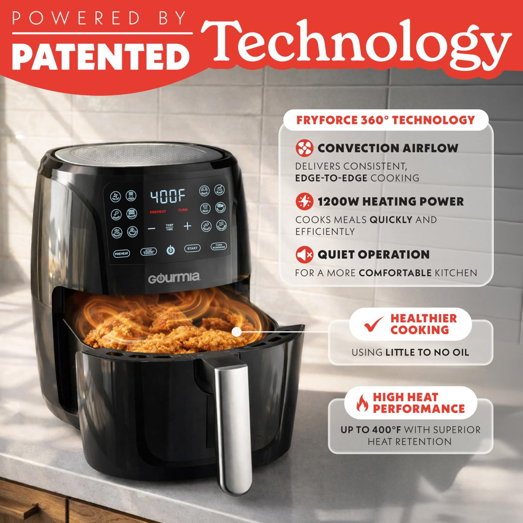 Gourmia Air Fryer - 6 Qt Large Capacity, FryForce 360º, Digital Display with 12 Presets, Roast, Bake, Broil, Dehydrate, Dishwasher Safe Accessories, Black - My Kitchen Products