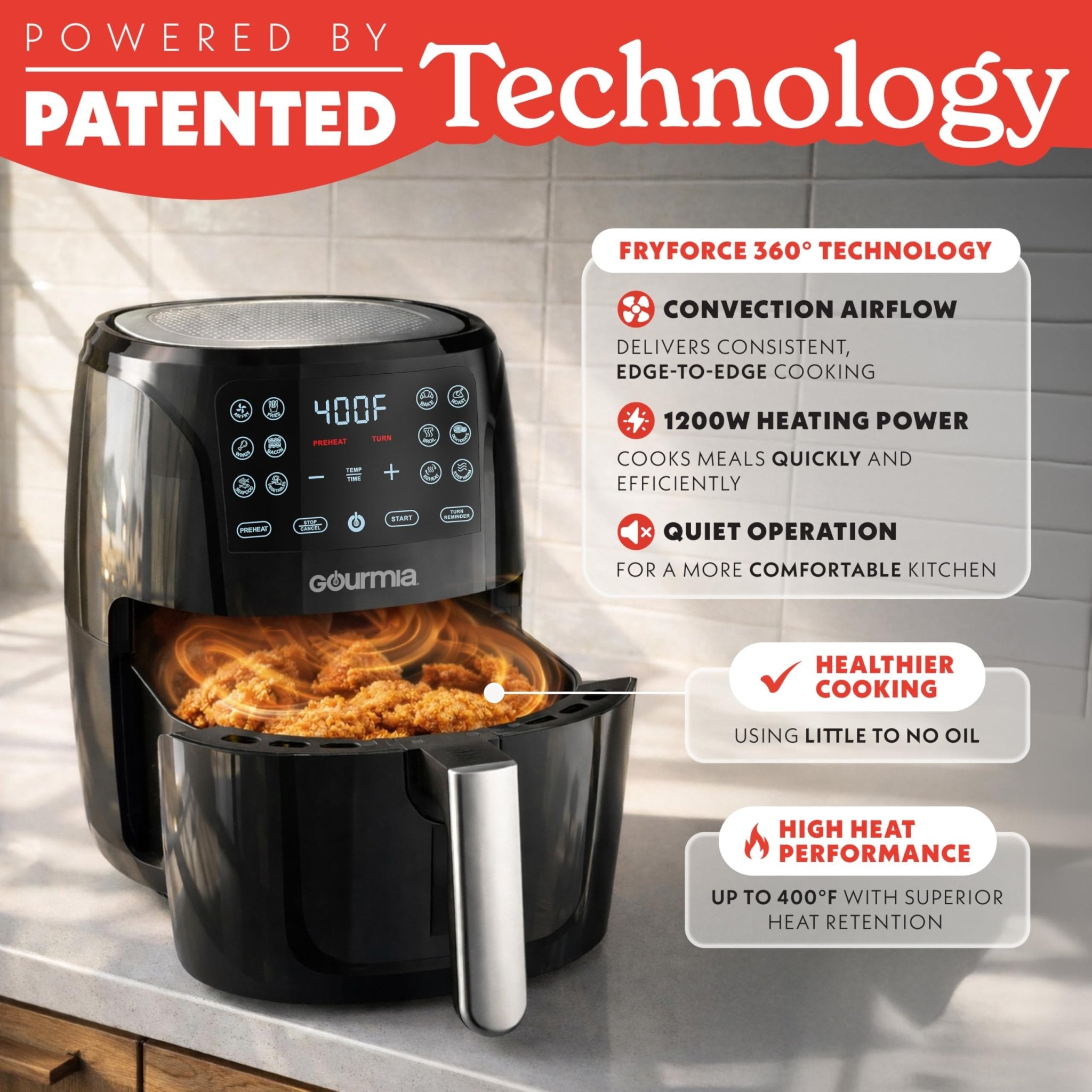 Gourmia Air Fryer - 6 Qt Large Capacity, FryForce 360º, Digital Display with 12 Presets, Roast, Bake, Broil, Dehydrate, Dishwasher Safe Accessories, Black - My Kitchen Products