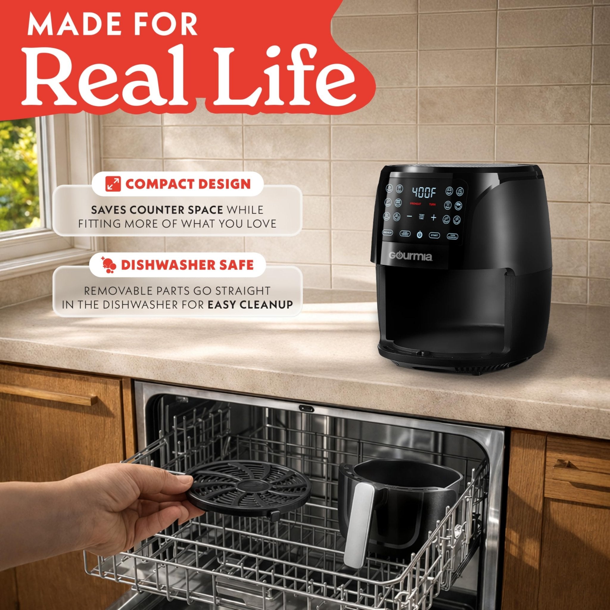 Gourmia Air Fryer - 6 Qt Large Capacity, FryForce 360º, Digital Display with 12 Presets, Roast, Bake, Broil, Dehydrate, Dishwasher Safe Accessories, Black - My Kitchen Products