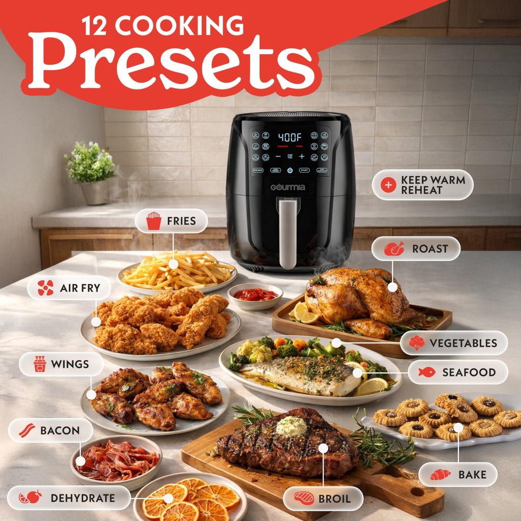 Gourmia Air Fryer - 6 Qt Large Capacity, FryForce 360º, Digital Display with 12 Presets, Roast, Bake, Broil, Dehydrate, Dishwasher Safe Accessories, Black - My Kitchen Products