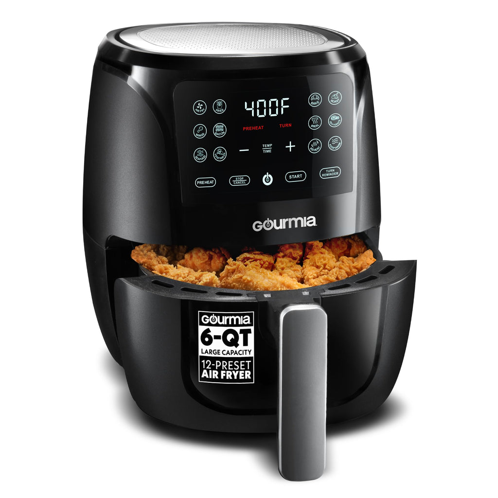 Gourmia Air Fryer, 6 Qt Large Capacity, FryForce 360º, Digital Display with 12 Presets, Roast, Bake, Broil