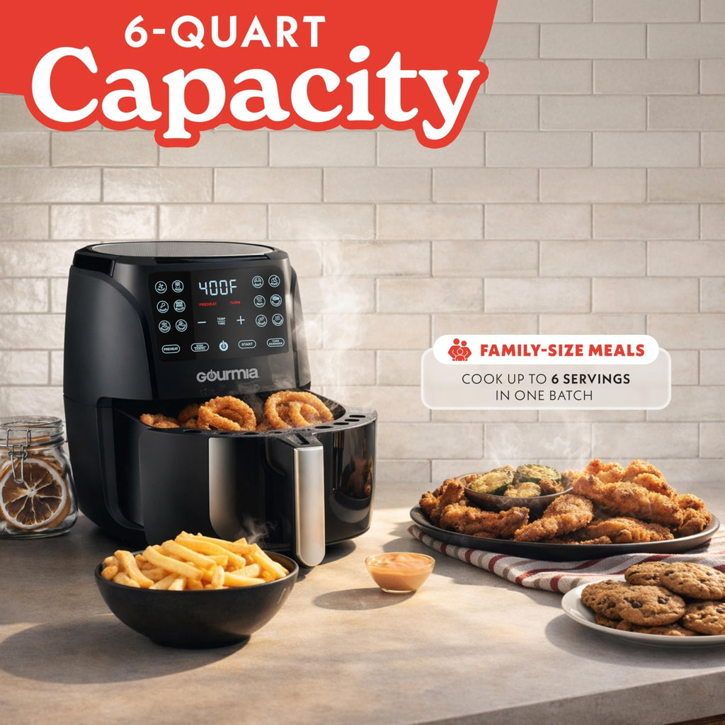 Gourmia Air Fryer - 6 Qt Large Capacity, FryForce 360º, Digital Display with 12 Presets, Roast, Bake, Broil, Dehydrate, Dishwasher Safe Accessories, Black - My Kitchen Products