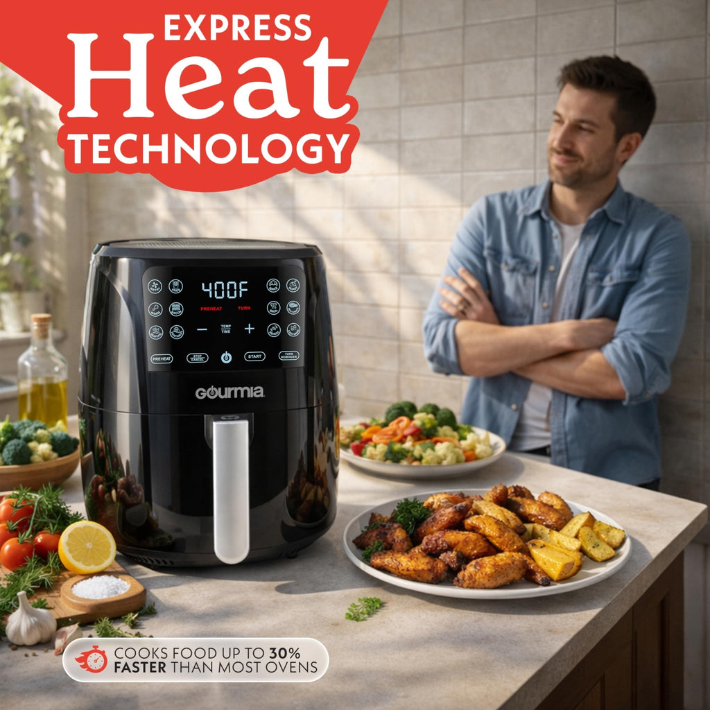Gourmia Air Fryer - 6 Qt Large Capacity, FryForce 360º, Digital Display with 12 Presets, Roast, Bake, Broil, Dehydrate, Dishwasher Safe Accessories, Black - My Kitchen Products