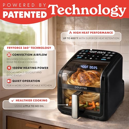 Gourmia Air Fryer 7 QT - Easy View Panorama Window & Interior Light, Guided Cooking with 12 One-Touch Presets, FryForce 360, Dishwasher Safe Accessories, Black - My Kitchen Products