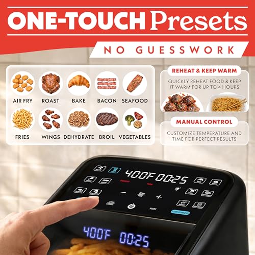 Gourmia Air Fryer 7 QT - Easy View Panorama Window & Interior Light, Guided Cooking with 12 One-Touch Presets, FryForce 360, Dishwasher Safe Accessories, Black - My Kitchen Products