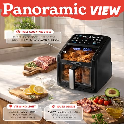 Gourmia Air Fryer 7 QT - Easy View Panorama Window & Interior Light, Guided Cooking with 12 One-Touch Presets, FryForce 360, Dishwasher Safe Accessories, Black - My Kitchen Products