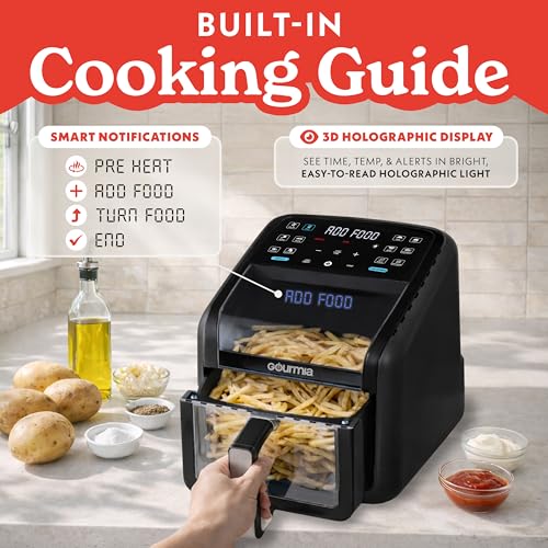 Gourmia Air Fryer 7 QT - Easy View Panorama Window & Interior Light, Guided Cooking with 12 One-Touch Presets, FryForce 360, Dishwasher Safe Accessories, Black - My Kitchen Products
