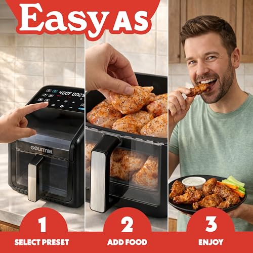 Gourmia Air Fryer 7 QT - Easy View Panorama Window & Interior Light, Guided Cooking with 12 One-Touch Presets, FryForce 360, Dishwasher Safe Accessories, Black - My Kitchen Products