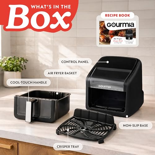 Gourmia Air Fryer 7 QT - Easy View Panorama Window & Interior Light, Guided Cooking with 12 One-Touch Presets, FryForce 360, Dishwasher Safe Accessories, Black - My Kitchen Products