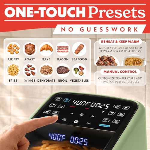 Gourmia Air Fryer 7 QT - Easy View Panorama Window & Interior Light, Guided Cooking with 12 One-Touch Presets, FryForce 360, Dishwasher Safe Accessories, Green - My Kitchen Products