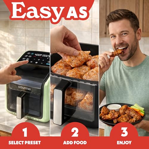 Gourmia Air Fryer 7 QT - Easy View Panorama Window & Interior Light, Guided Cooking with 12 One-Touch Presets, FryForce 360, Dishwasher Safe Accessories, Green - My Kitchen Products