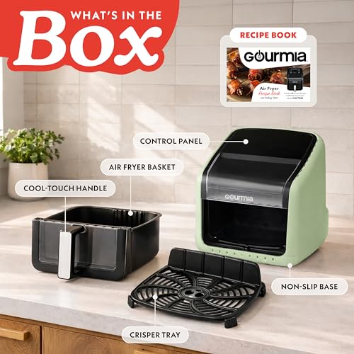 Gourmia Air Fryer 7 QT - Easy View Panorama Window & Interior Light, Guided Cooking with 12 One-Touch Presets, FryForce 360, Dishwasher Safe Accessories, Green - My Kitchen Products