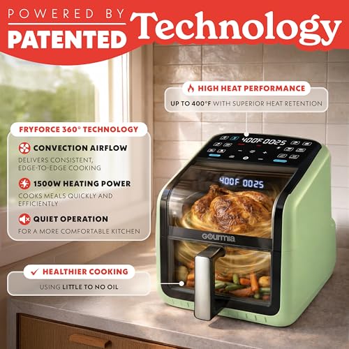 Gourmia Air Fryer 7 QT - Easy View Panorama Window & Interior Light, Guided Cooking with 12 One-Touch Presets, FryForce 360, Dishwasher Safe Accessories, Green - My Kitchen Products