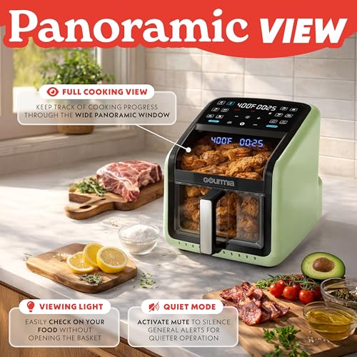 Gourmia Air Fryer 7 QT - Easy View Panorama Window & Interior Light, Guided Cooking with 12 One-Touch Presets, FryForce 360, Dishwasher Safe Accessories, Green - My Kitchen Products