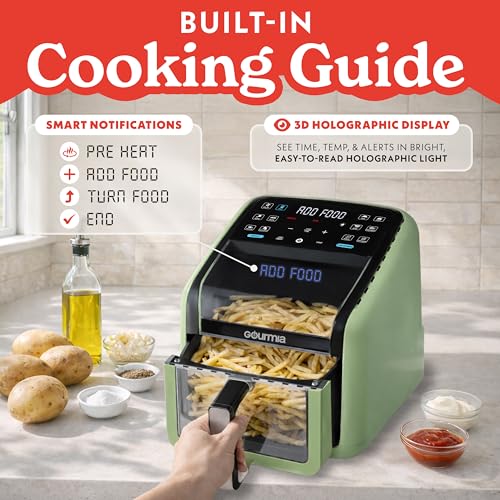 Gourmia Air Fryer 7 QT - Easy View Panorama Window & Interior Light, Guided Cooking with 12 One-Touch Presets, FryForce 360, Dishwasher Safe Accessories, Green - My Kitchen Products