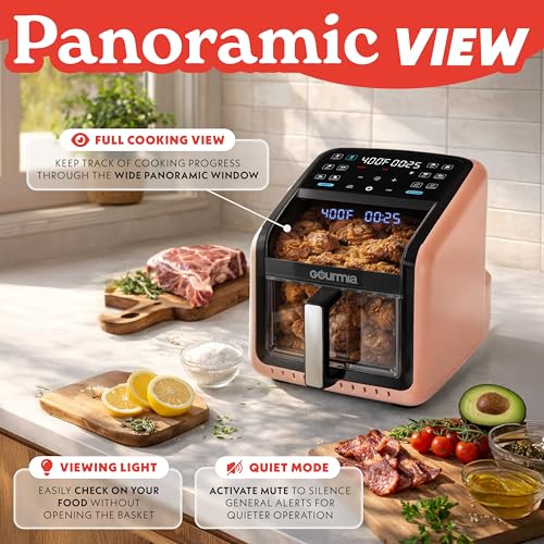 Gourmia Air Fryer 7 QT - Easy View Panorama Window & Interior Light, Guided Cooking with 12 One-Touch Presets, FryForce 360, Dishwasher Safe Accessories, Peach - My Kitchen Products