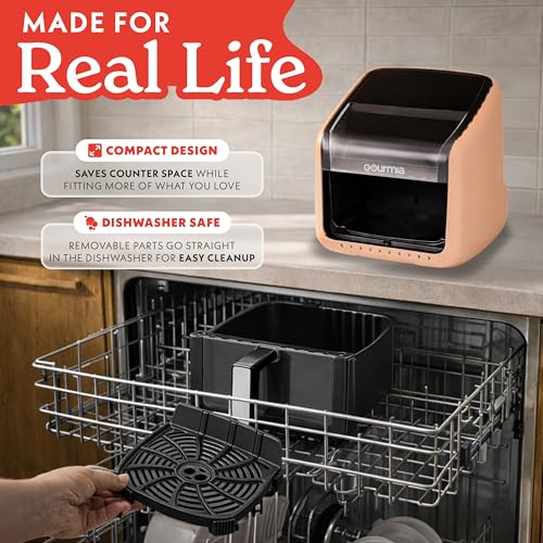 Gourmia Air Fryer 7 QT - Easy View Panorama Window & Interior Light, Guided Cooking with 12 One-Touch Presets, FryForce 360, Dishwasher Safe Accessories, Peach - My Kitchen Products