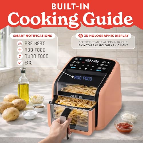 Gourmia Air Fryer 7 QT - Easy View Panorama Window & Interior Light, Guided Cooking with 12 One-Touch Presets, FryForce 360, Dishwasher Safe Accessories, Peach - My Kitchen Products