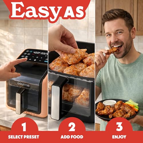 Gourmia Air Fryer 7 QT - Easy View Panorama Window & Interior Light, Guided Cooking with 12 One-Touch Presets, FryForce 360, Dishwasher Safe Accessories, Peach - My Kitchen Products