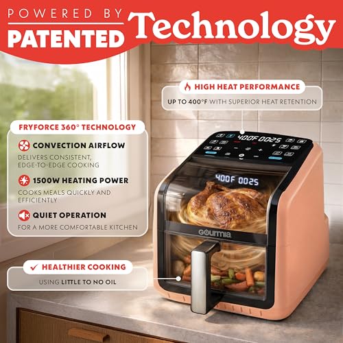 Gourmia Air Fryer 7 QT - Easy View Panorama Window & Interior Light, Guided Cooking with 12 One-Touch Presets, FryForce 360, Dishwasher Safe Accessories, Peach - My Kitchen Products