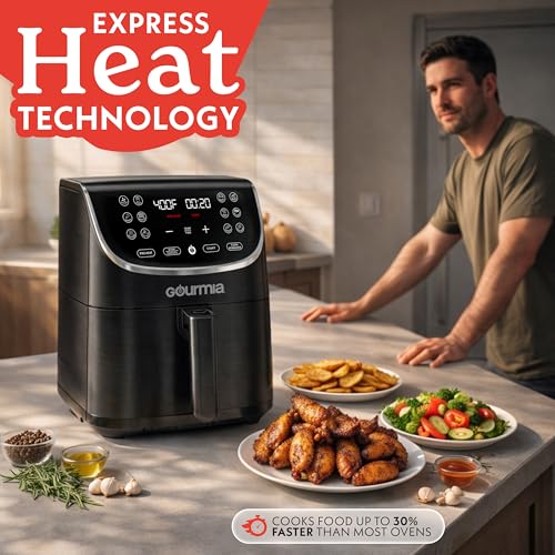 Gourmia Air Fryer - 7 Qt Large Capacity with LED Display, 12 One-Touch Presets, FryForce 360° Technology, Nonstick Dishwasher-Safe Basket & Crisper Tray, Black - My Kitchen Products
