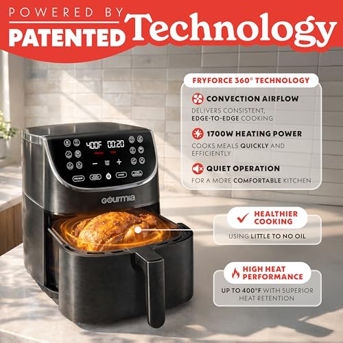 Gourmia Air Fryer - 7 Qt Large Capacity with LED Display, 12 One-Touch Presets, FryForce 360° Technology, Nonstick Dishwasher-Safe Basket & Crisper Tray, Black - My Kitchen Products