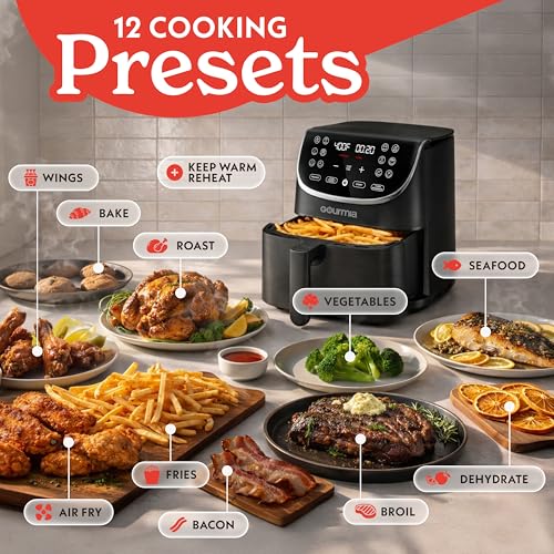 Gourmia Air Fryer - 7 Qt Large Capacity with LED Display, 12 One-Touch Presets, FryForce 360° Technology, Nonstick Dishwasher-Safe Basket & Crisper Tray, Black - My Kitchen Products