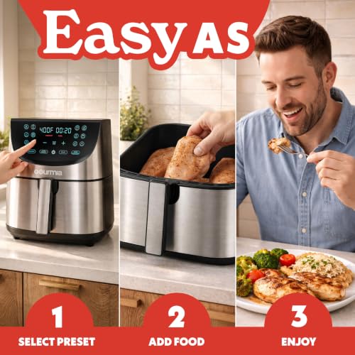 Gourmia Air Fryer - 8 Qt Extra Large Capacity, FryForce360º, Digital Display with 12 Presets, Roast, Bake, Broil, Dehydrate, Dishwasher Safe Accessories, Stainless Steel - My Kitchen Products