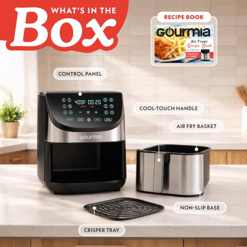Gourmia Air Fryer - 8 Qt Extra Large Capacity, FryForce360º, Digital Display with 12 Presets, Roast, Bake, Broil, Dehydrate, Dishwasher Safe Accessories, Stainless Steel - My Kitchen Products