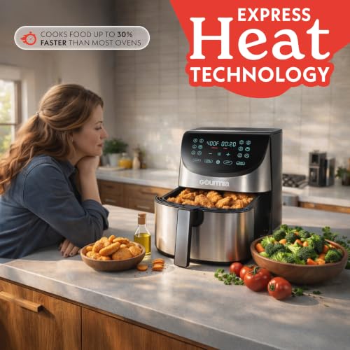 Gourmia Air Fryer - 8 Qt Extra Large Capacity, FryForce360º, Digital Display with 12 Presets, Roast, Bake, Broil, Dehydrate, Dishwasher Safe Accessories, Stainless Steel - My Kitchen Products