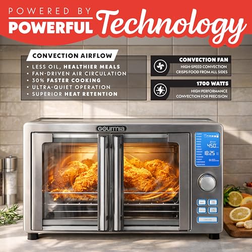 Gourmia Air Fryer French Door Toaster Oven - 6-Slice Capacity, LED Display with 14 Cooking Presets, Stainless Steel - My Kitchen Products