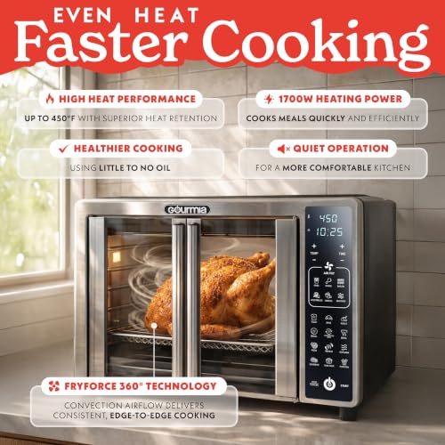 Gourmia Air Fryer French Door Toaster Oven - 6-Slice Capacity, LED Display with 19 Cooking Presets, Stainless Steel - My Kitchen Products