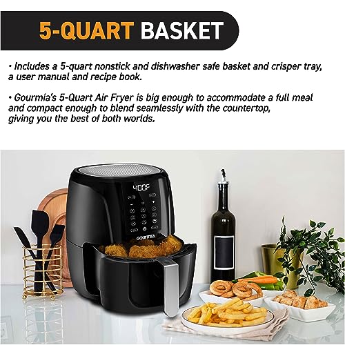 Gourmia Air Fryer Oven Digital Display 5 Quart Large AirFryer Cooker 12 1-Touch Cooking Presets, XL Air Fryer Basket 1500w Power Multifunction Black and Stainless Steel Accents FRY FORCE GAF536 - My Kitchen Products