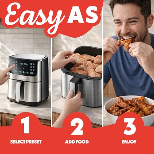 Gourmia Air Fryer Oven Digital Display 8 Quart Large AirFryer Cooker 12 Touch Cooking Presets, XL Air Fryer Basket 1700w Power Multifunction GAF838 Black and stainless steel air fryer - My Kitchen Products